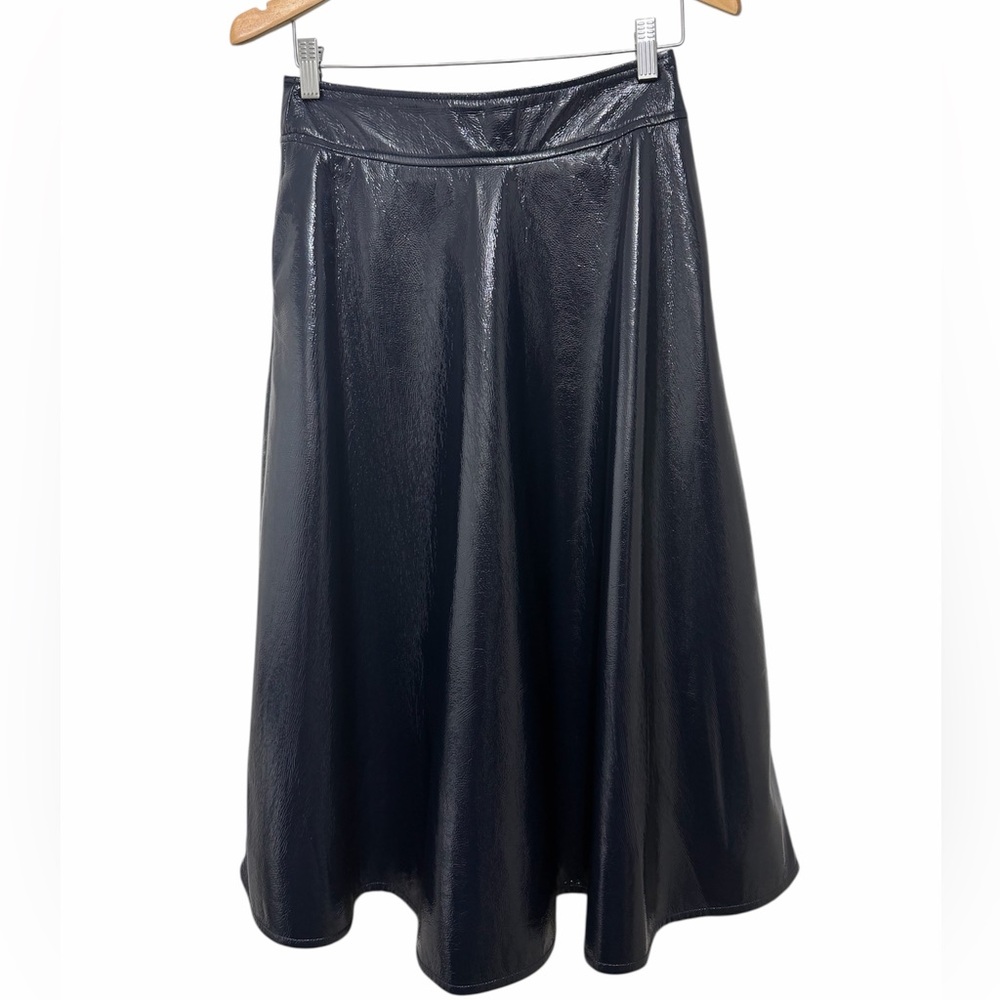 Essential Antwerp Vegan Patent Leather A-Line Skirt Navy